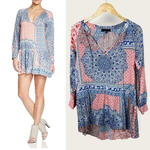 Sanctuary Bohemian Patchwork Print Blue Pink Long Sleeve Shift Dress Festival XS